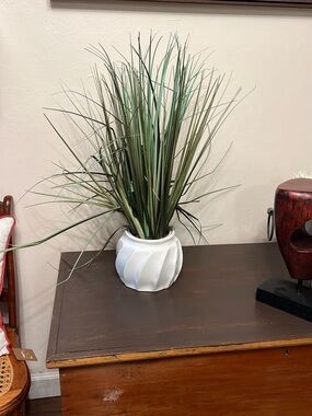 Artificial Green Grass Plant in White Swirl Ceramic Pot